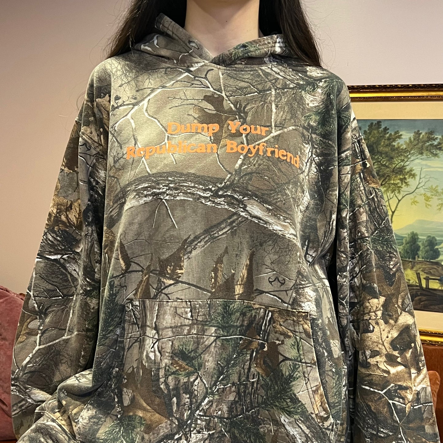 DUMP YOUR REPUBLICAN BOYFRIEND camo hoodie with orange text (2XL)