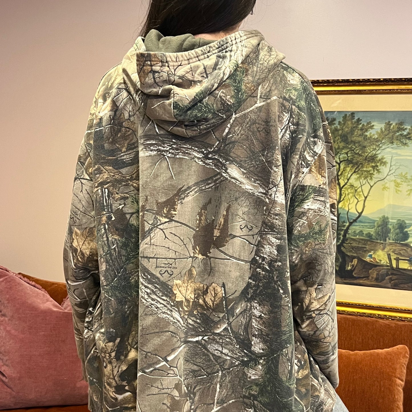 DUMP YOUR REPUBLICAN BOYFRIEND camo hoodie with orange text (2XL)