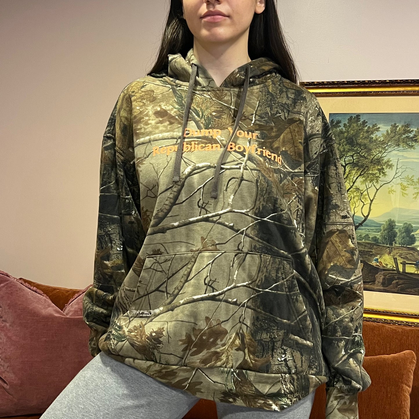 DUMP YOUR REPUBLICAN BOYFRIEND camo hoodie with orange text (XL)