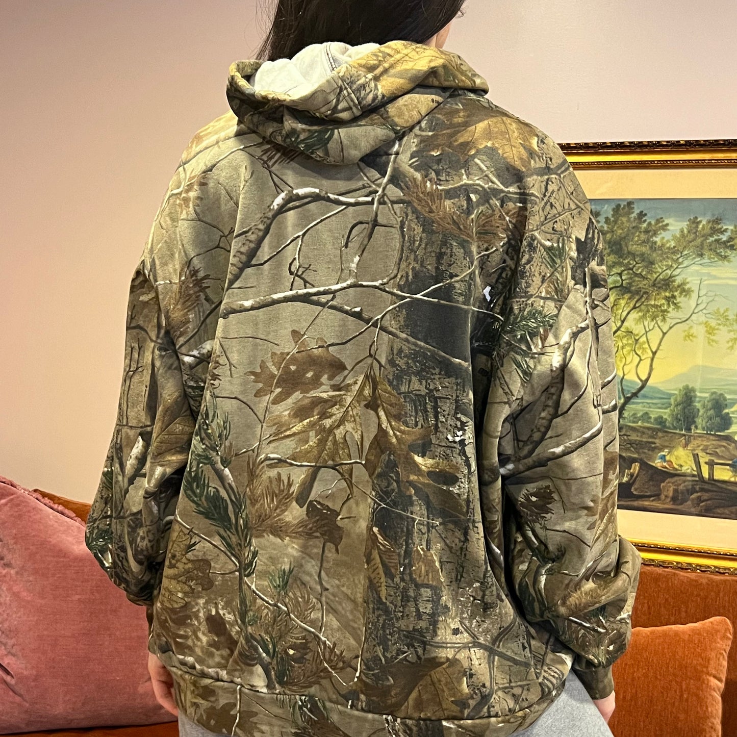 DUMP YOUR REPUBLICAN BOYFRIEND camo hoodie with orange text (XL)
