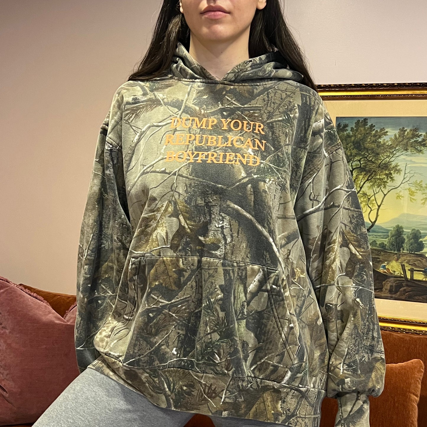 DUMP YOUR REPUBLICAN BOYFRIEND camo hoodie with orange text (2XL)