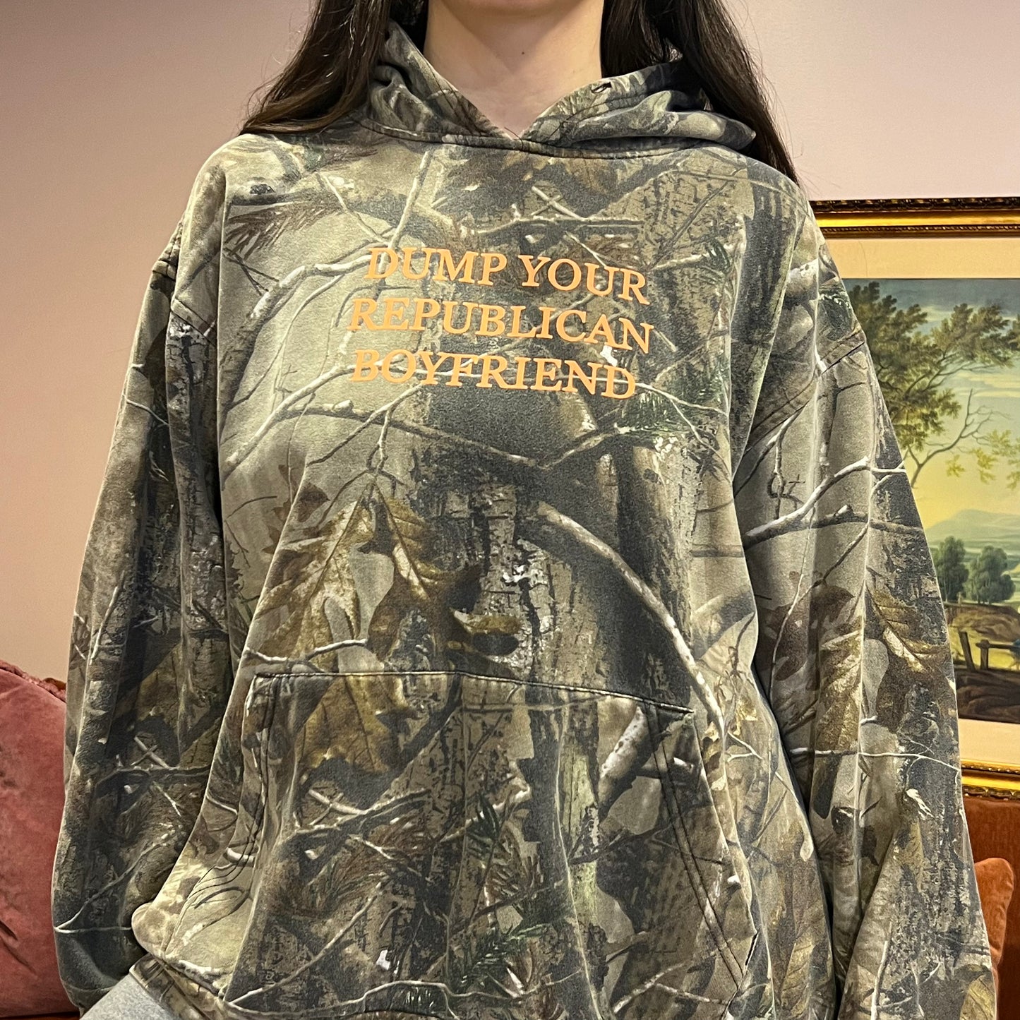 DUMP YOUR REPUBLICAN BOYFRIEND camo hoodie with orange text (2XL)
