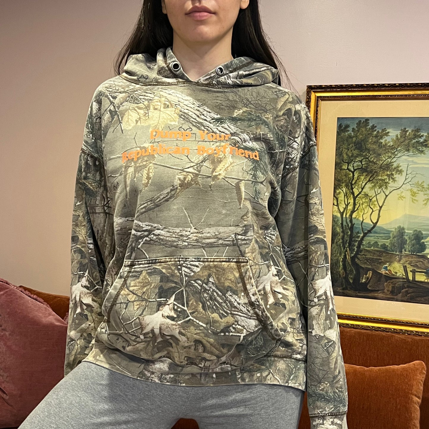 DUMP YOUR REPUBLICAN BOYFRIEND camo hoodie with orange text (L)