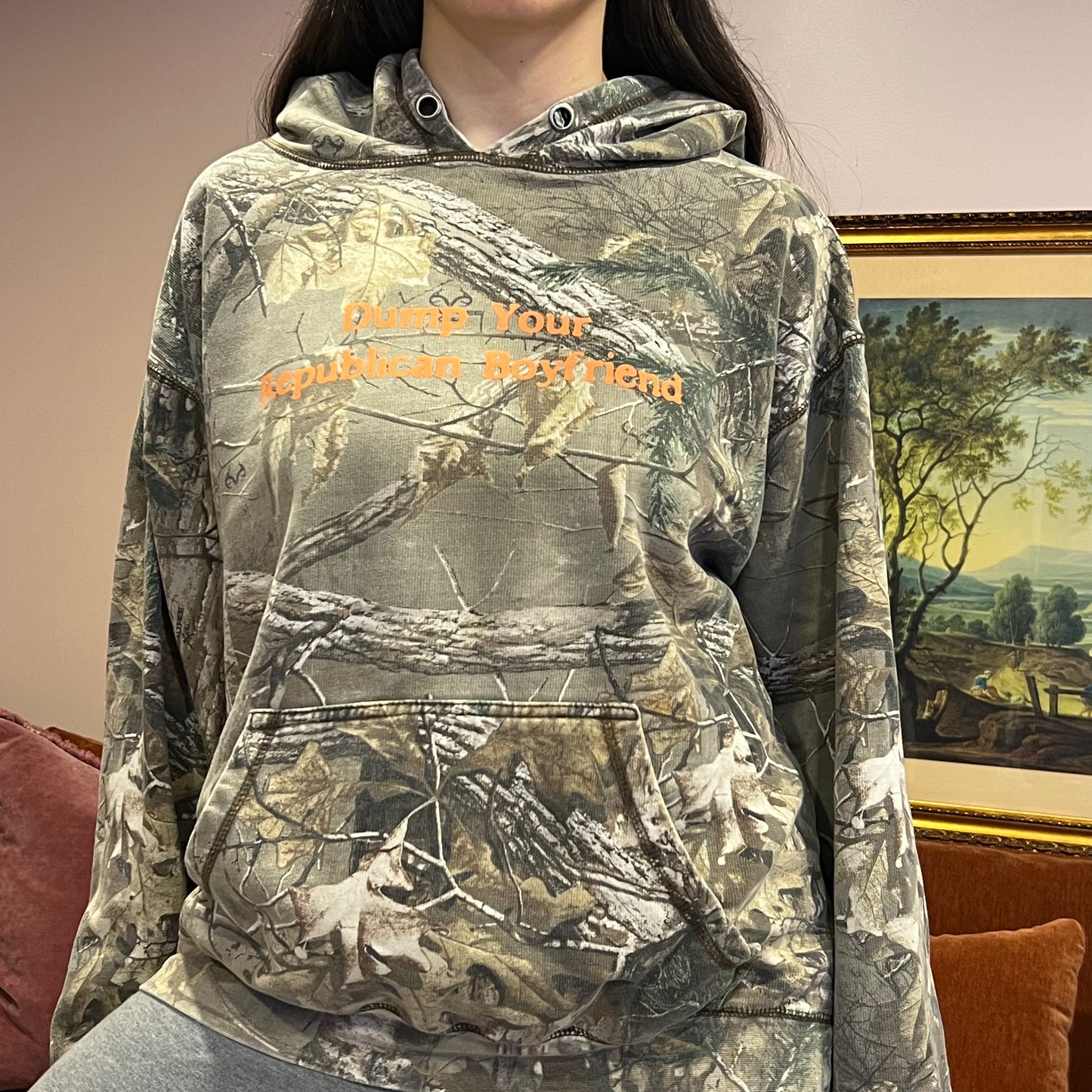 DUMP YOUR REPUBLICAN BOYFRIEND camo hoodie with orange text (L)