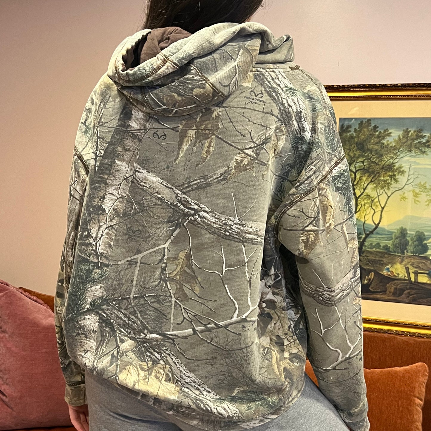 DUMP YOUR REPUBLICAN BOYFRIEND camo hoodie with orange text (L)