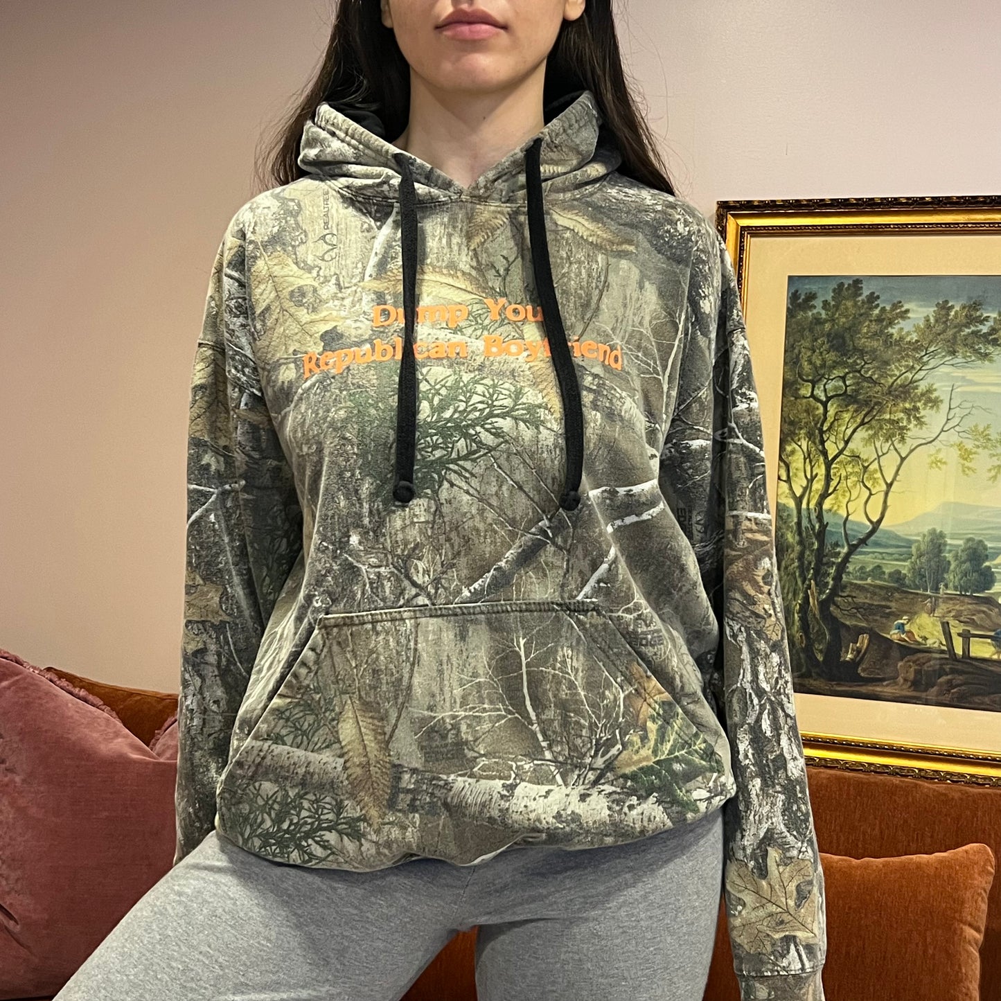 DUMP YOUR REPUBLICAN BOYFRIEND camo hoodie with orange text (L)