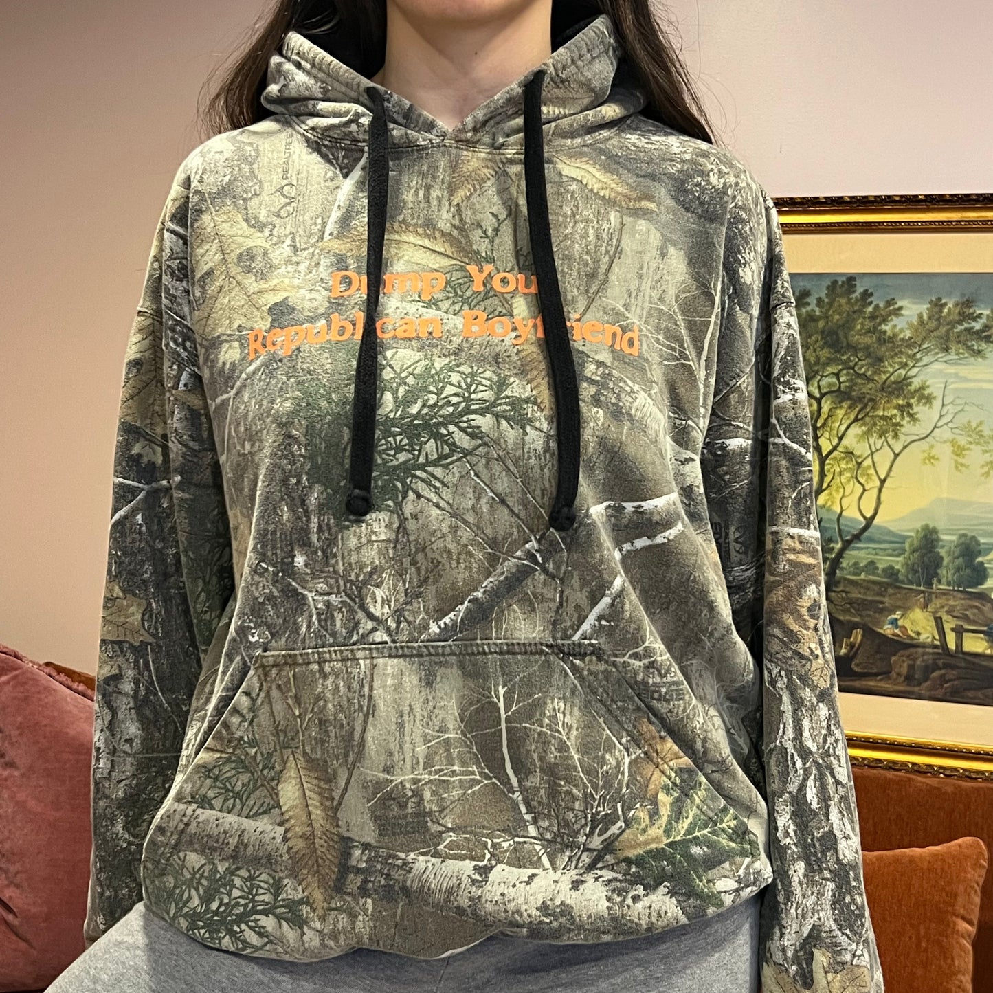 DUMP YOUR REPUBLICAN BOYFRIEND camo hoodie with orange text (L)