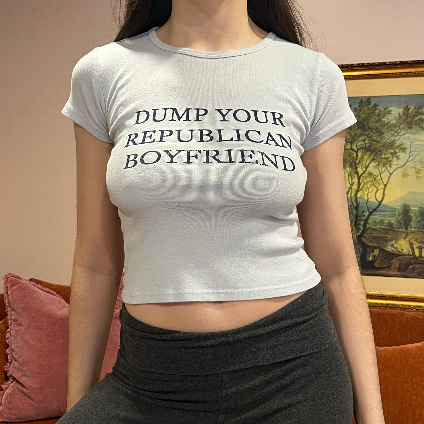 DUMP YOUR REPUBLICAN BOYFRIEND light blue t-shirt with navy text (XS/S)