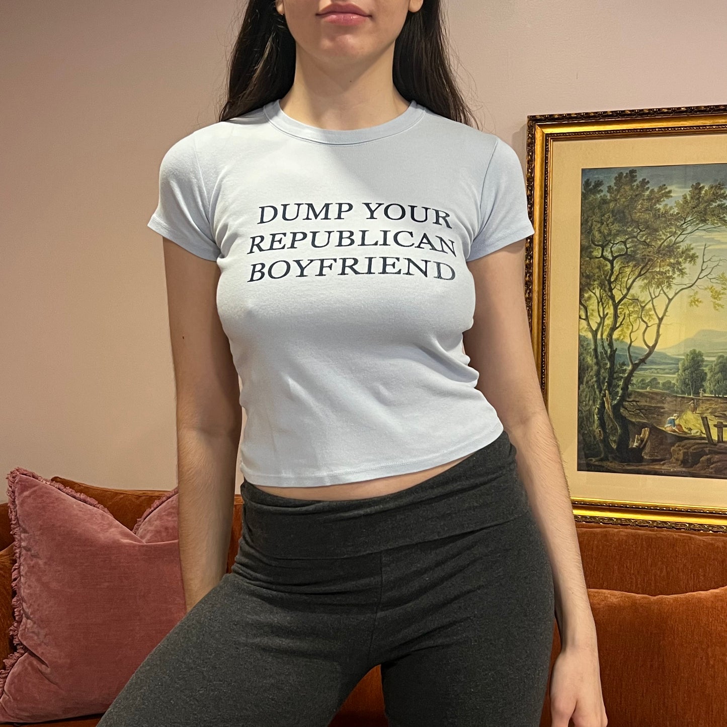 DUMP YOUR REPUBLICAN BOYFRIEND light blue t-shirt with navy text (XS/S)