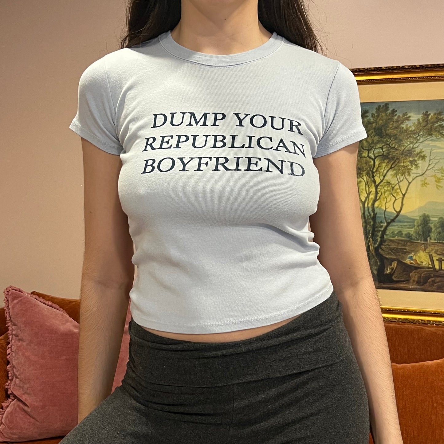 DUMP YOUR REPUBLICAN BOYFRIEND light blue t-shirt with navy text (XS/S)