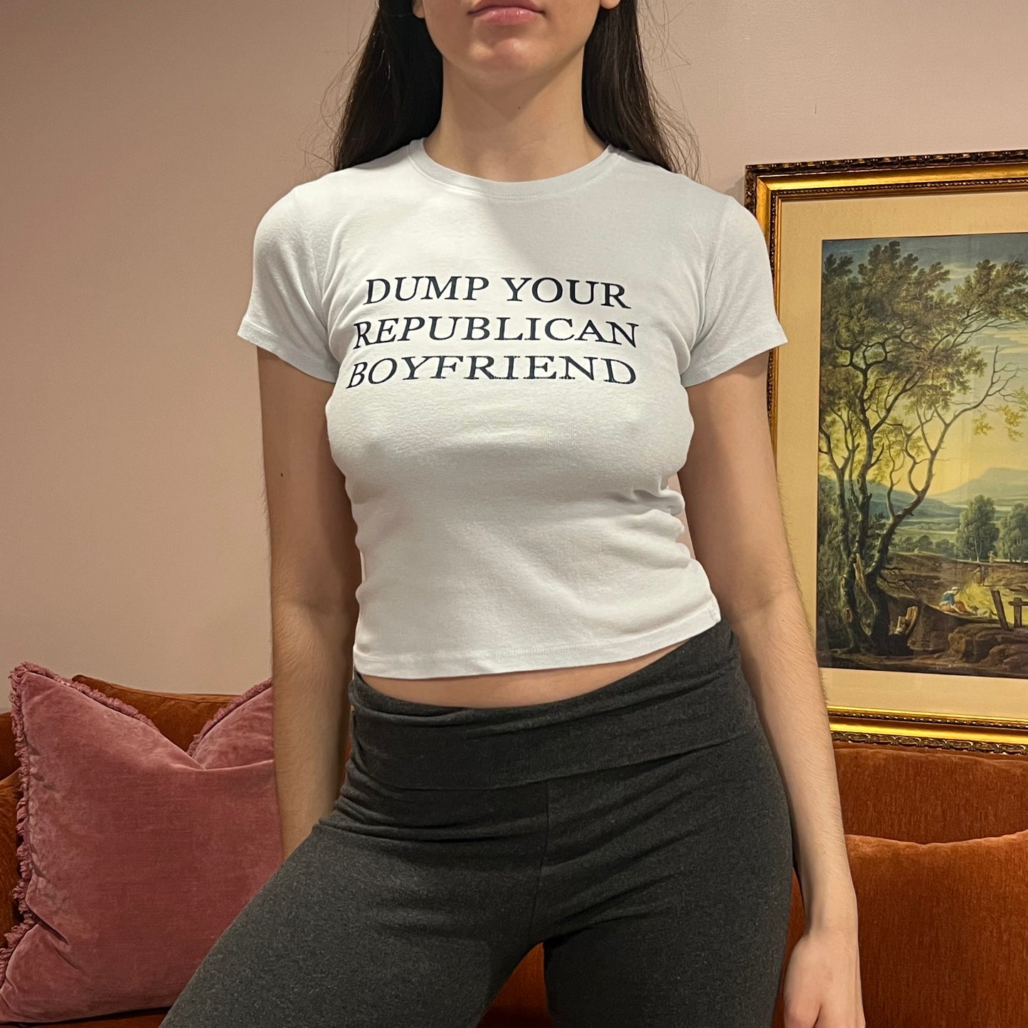 DUMP YOUR REPUBLICAN BOYFRIEND light blue t-shirt with navy text (XS/S)