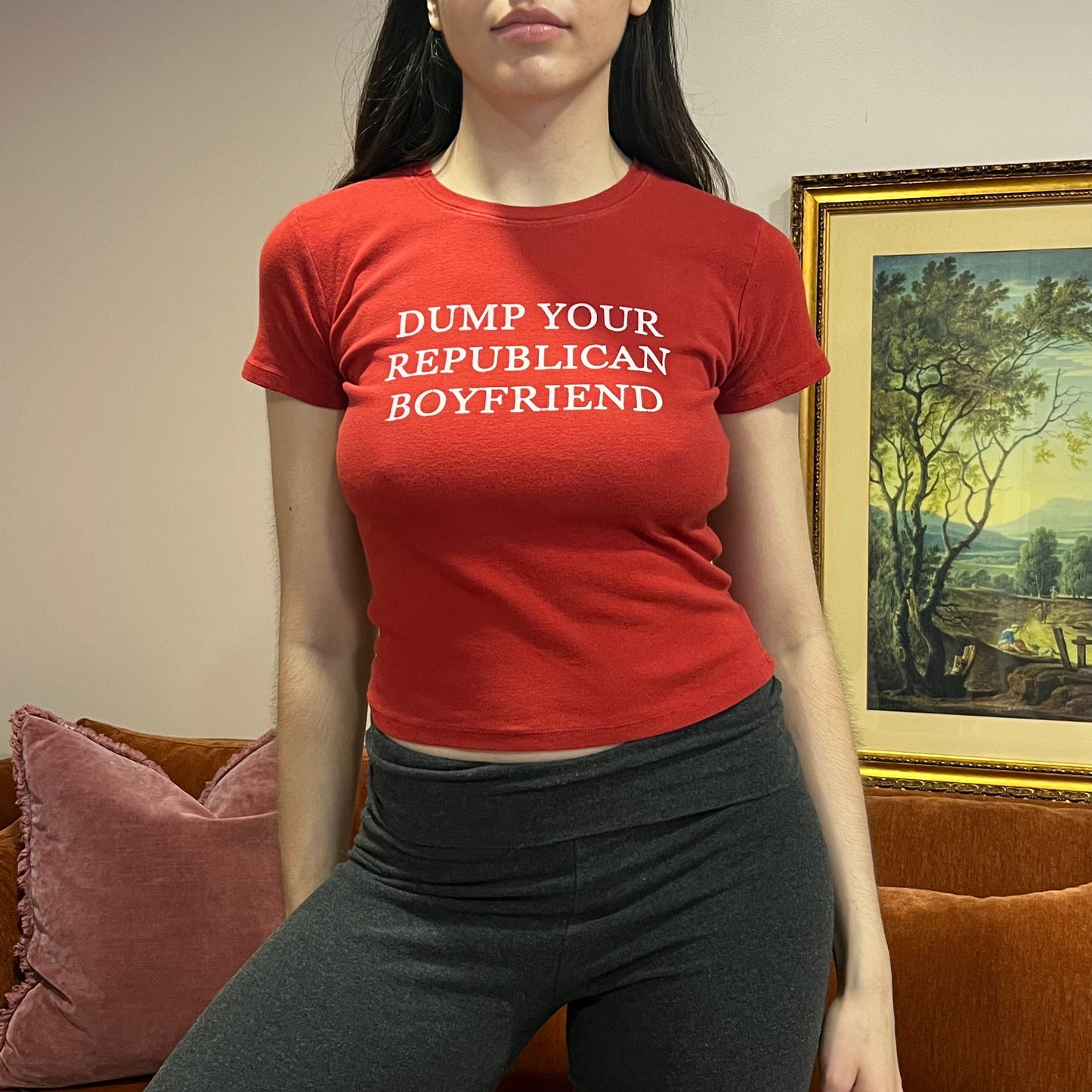 DUMP YOUR REPUBLICAN BOYFRIEND red t-shirt with white text (XS/S)