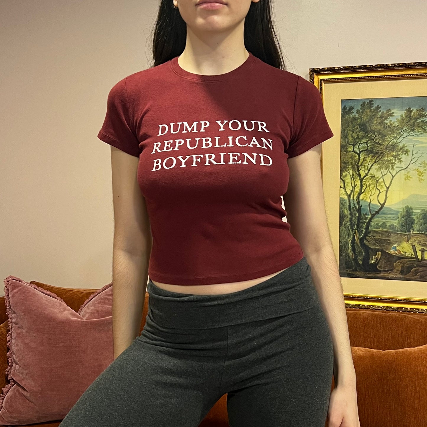 DUMP YOUR REPUBLICAN BOYFRIEND red t-shirt with white text (XS/S)