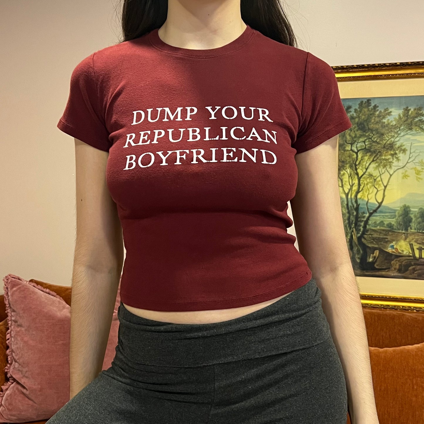 DUMP YOUR REPUBLICAN BOYFRIEND red t-shirt with white text (XS/S)