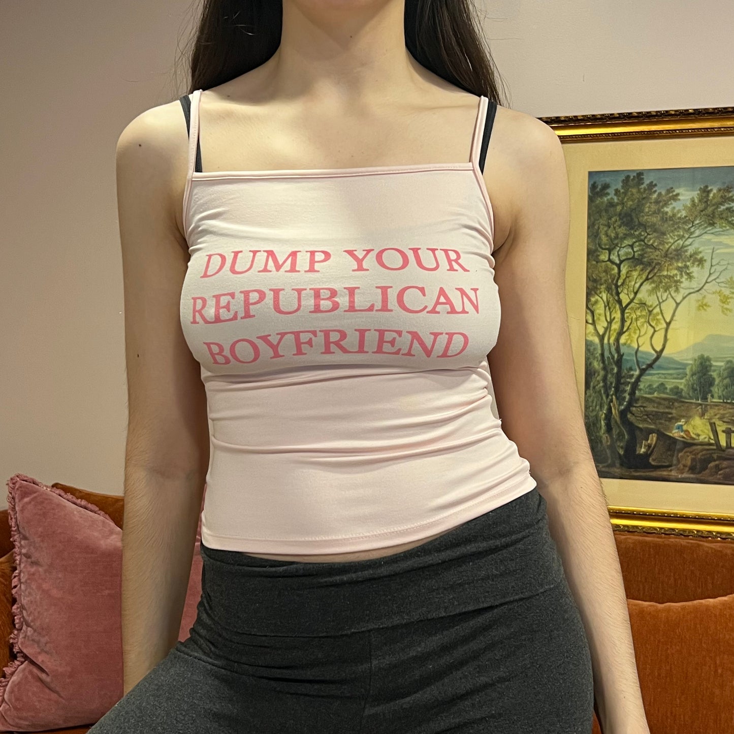 DUMP YOUR REPUBLICAN BOYFRIEND pink tank top with pink text (XS)