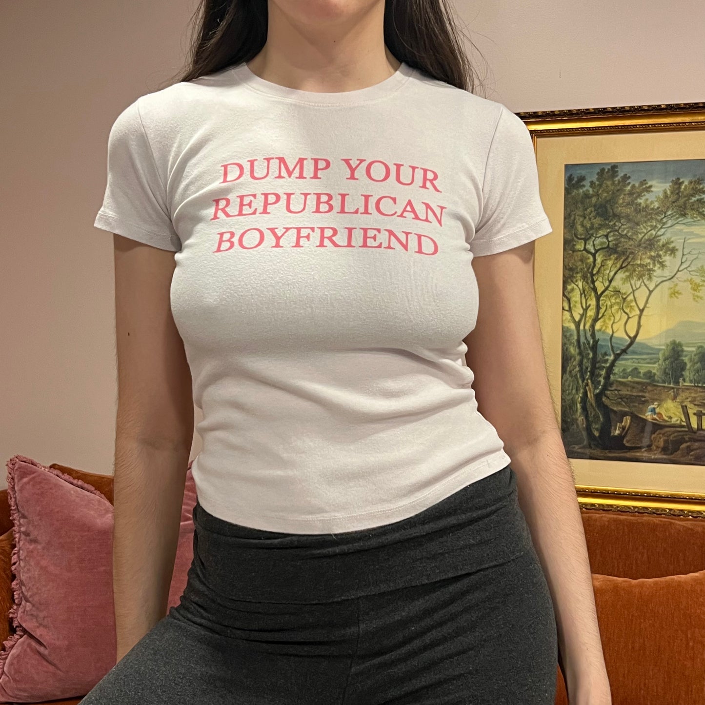 DUMP YOUR REPUBLICAN BOYFRIEND pink t-shirt with pink text (XS/S)