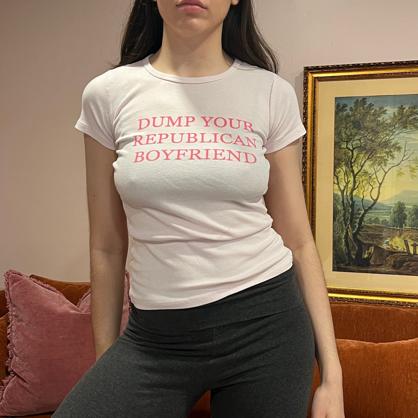 DUMP YOUR REPUBLICAN BOYFRIEND pink t-shirt with pink text (XS/S)