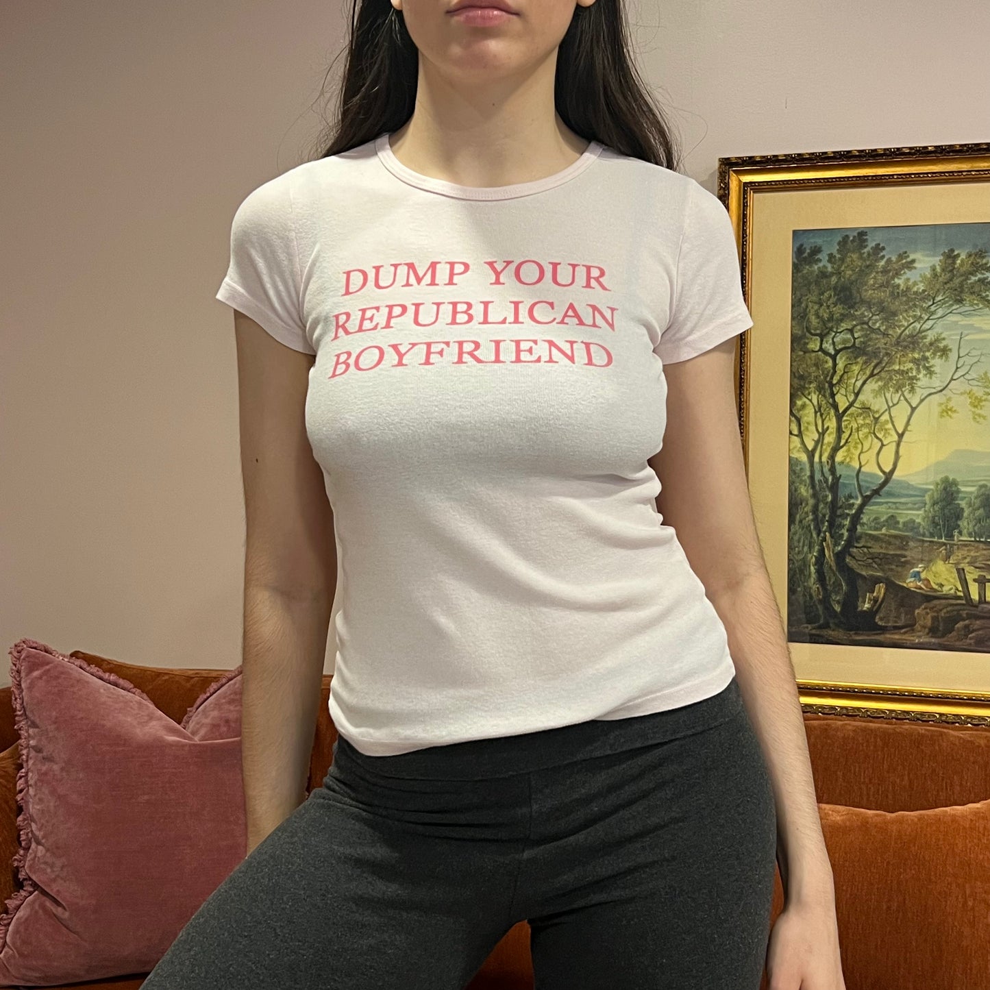 DUMP YOUR REPUBLICAN BOYFRIEND pink t-shirt with pink text (XS/S)
