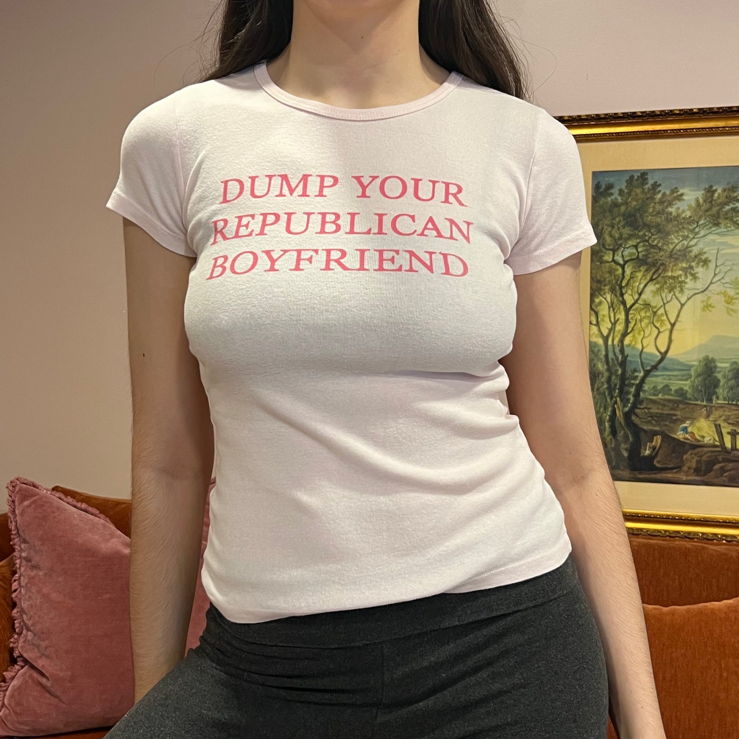 DUMP YOUR REPUBLICAN BOYFRIEND pink t-shirt with pink text (XS/S)