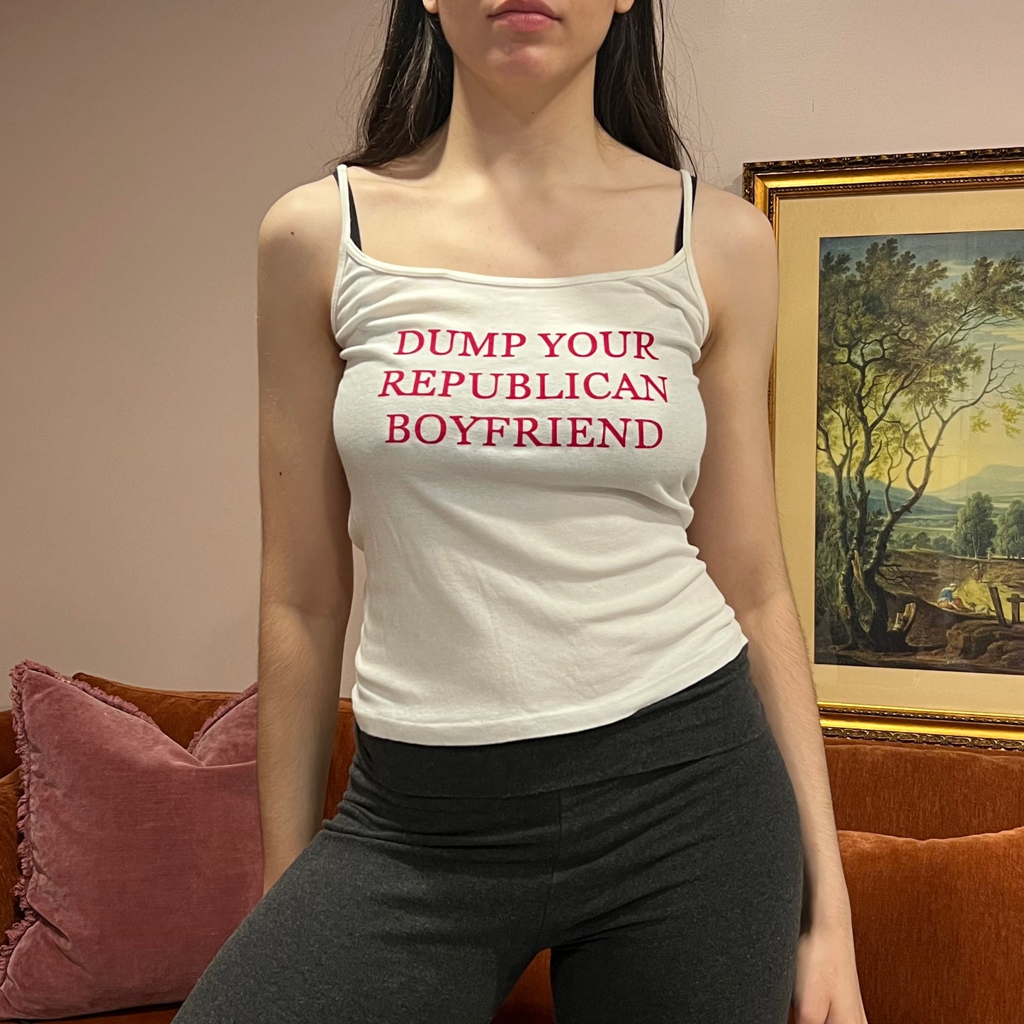 DUMP YOUR REPUBLICAN BOYFRIEND white tank top with red text (XS/S)