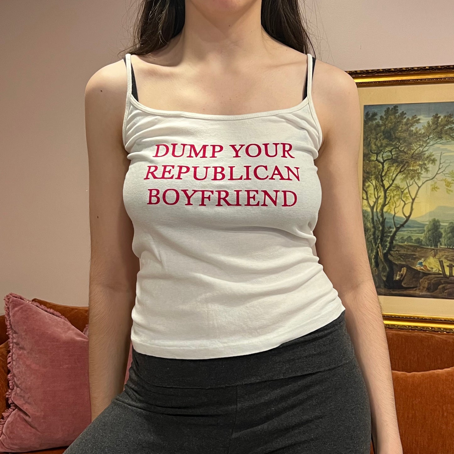 DUMP YOUR REPUBLICAN BOYFRIEND white tank top with red text (XS/S)