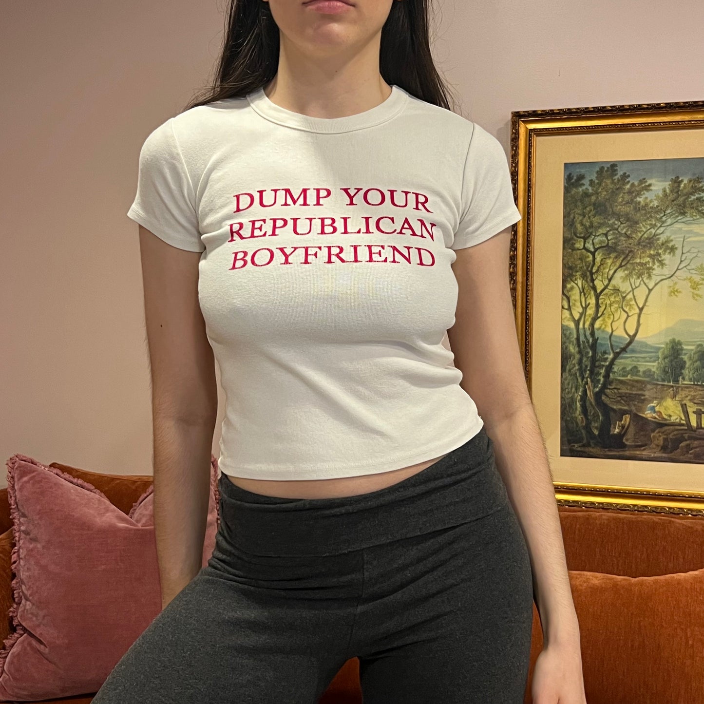 DUMP YOUR REPUBLICAN BOYFRIEND white t-shirt with red text (XS/S)