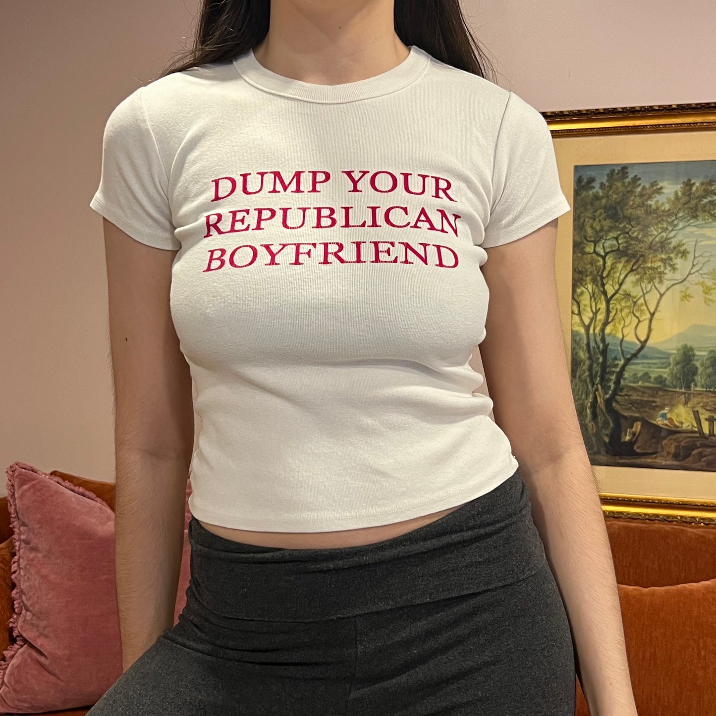 DUMP YOUR REPUBLICAN BOYFRIEND white t-shirt with red text (XS/S)