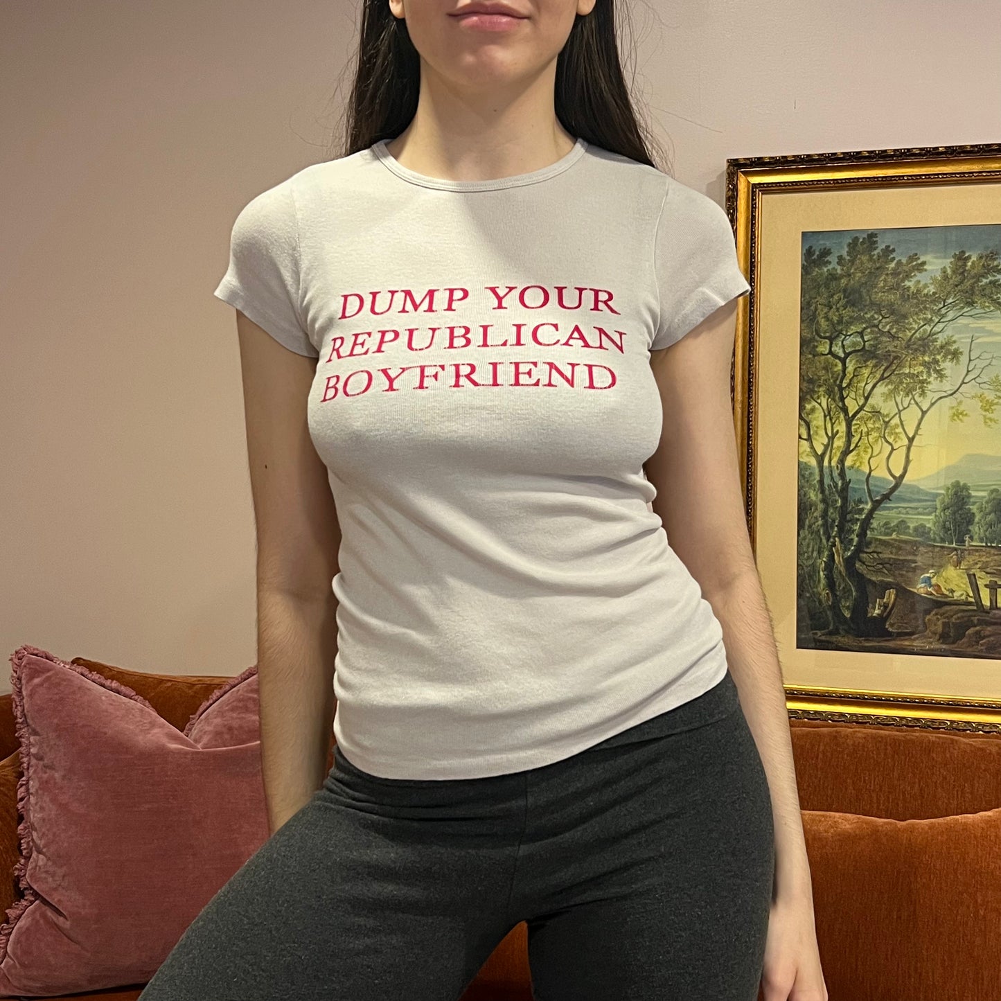 DUMP YOUR REPUBLICAN BOYFRIEND grey t-shirt with red text (XS/S)