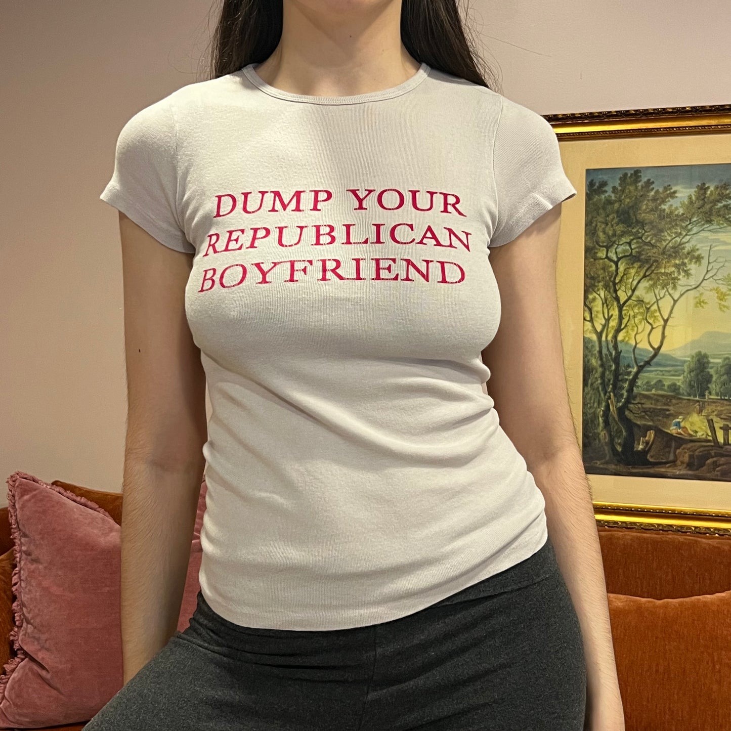 DUMP YOUR REPUBLICAN BOYFRIEND grey t-shirt with red text (XS/S)