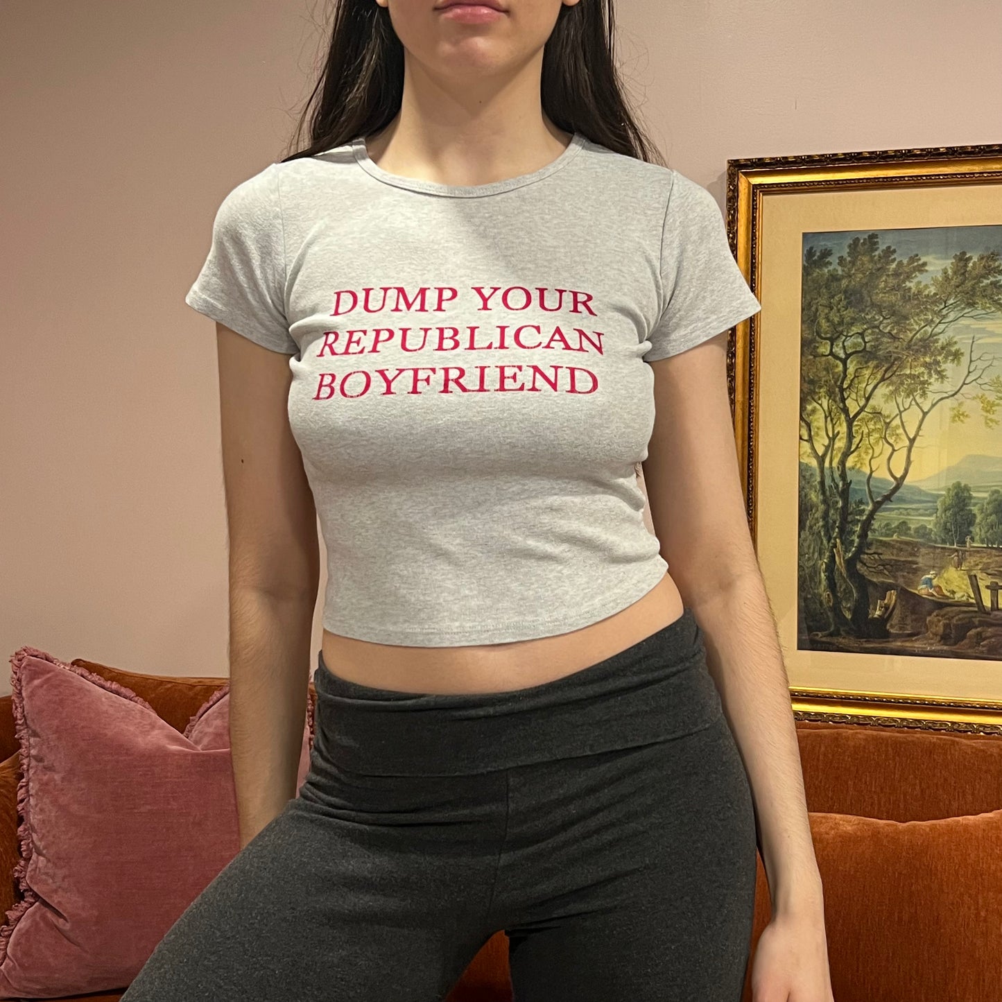 DUMP YOUR REPUBLICAN BOYFRIEND grey t-shirt with red text (XS/S)