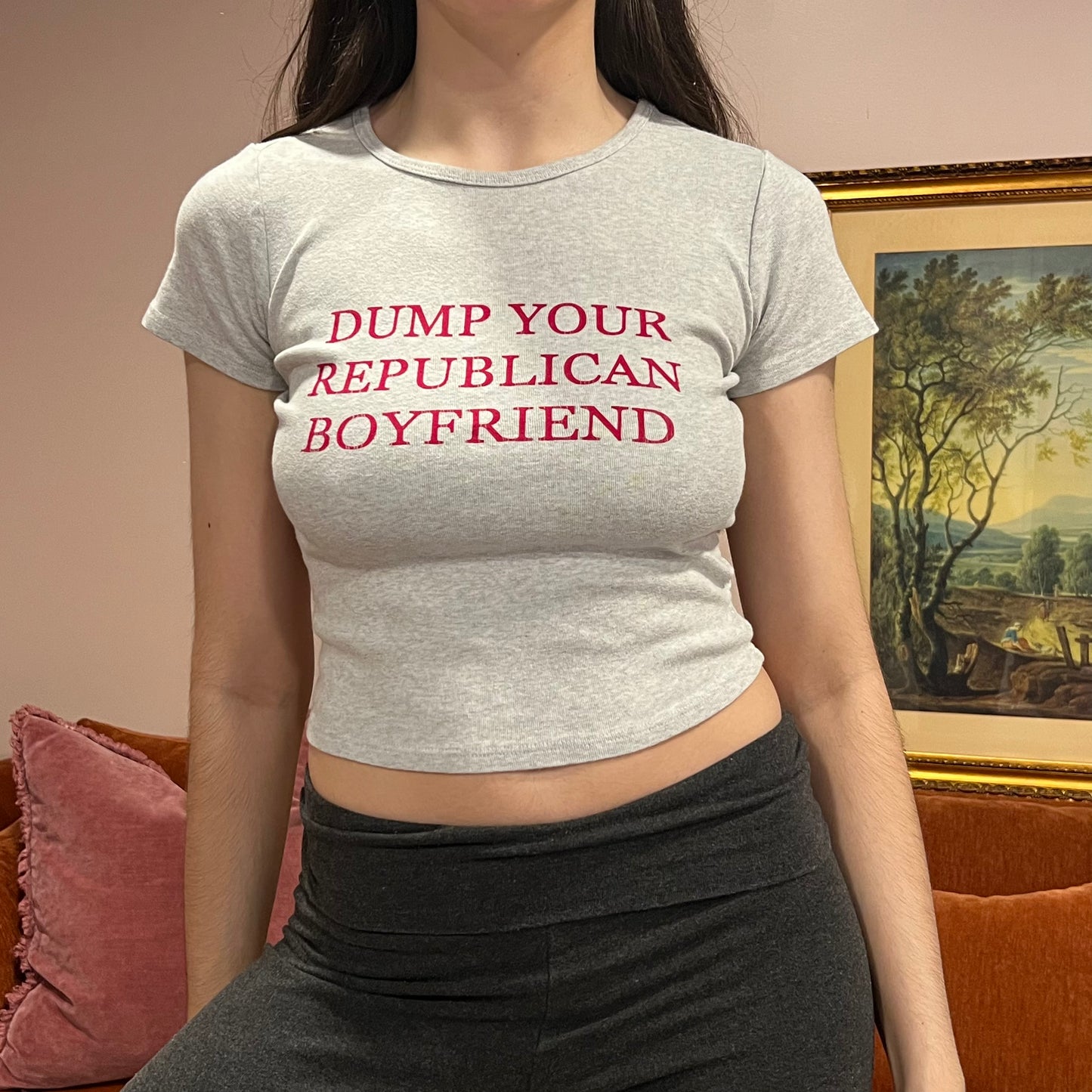 DUMP YOUR REPUBLICAN BOYFRIEND grey t-shirt with red text (XS/S)