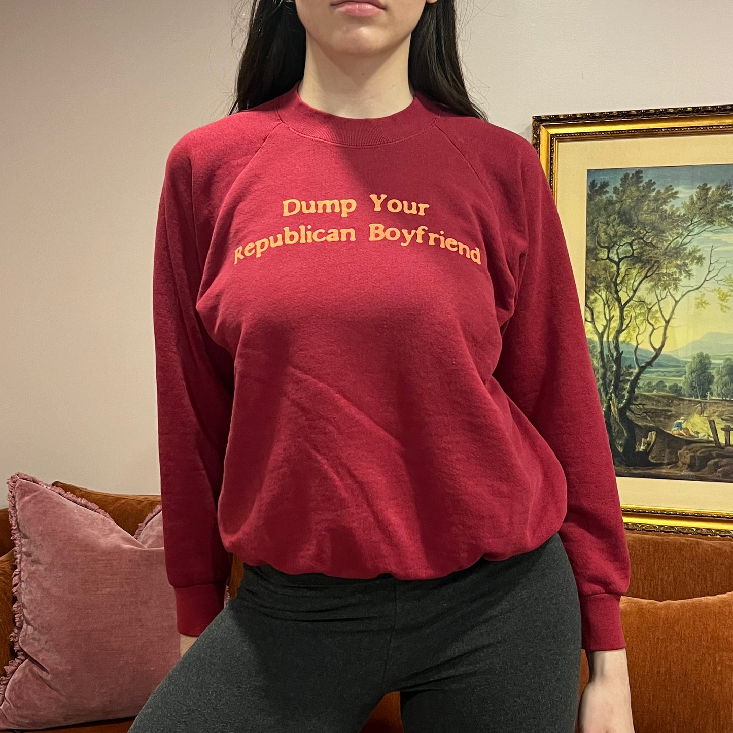 DUMP YOUR REPUBLICAN BOYFRIEND red crewneck with orange text (M)