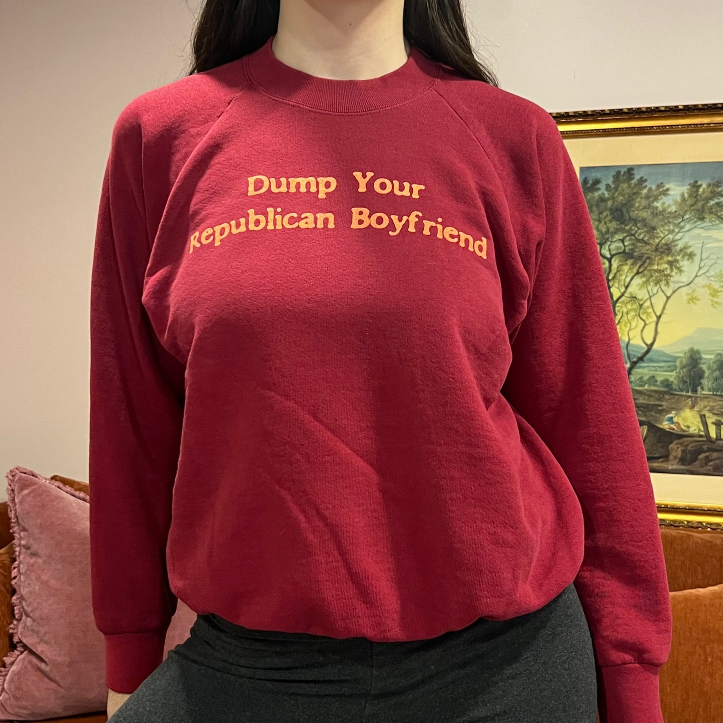 DUMP YOUR REPUBLICAN BOYFRIEND red crewneck with orange text (M)