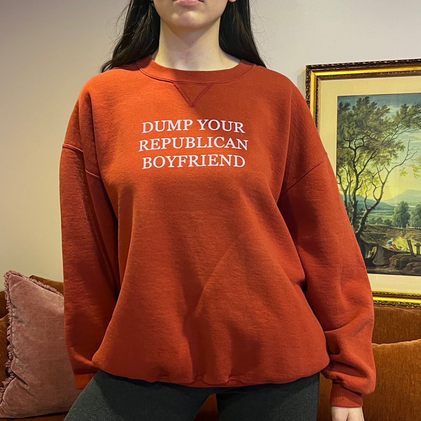 DUMP YOUR REPUBLICAN BOYFRIEND red crewneck with pink text (XL)