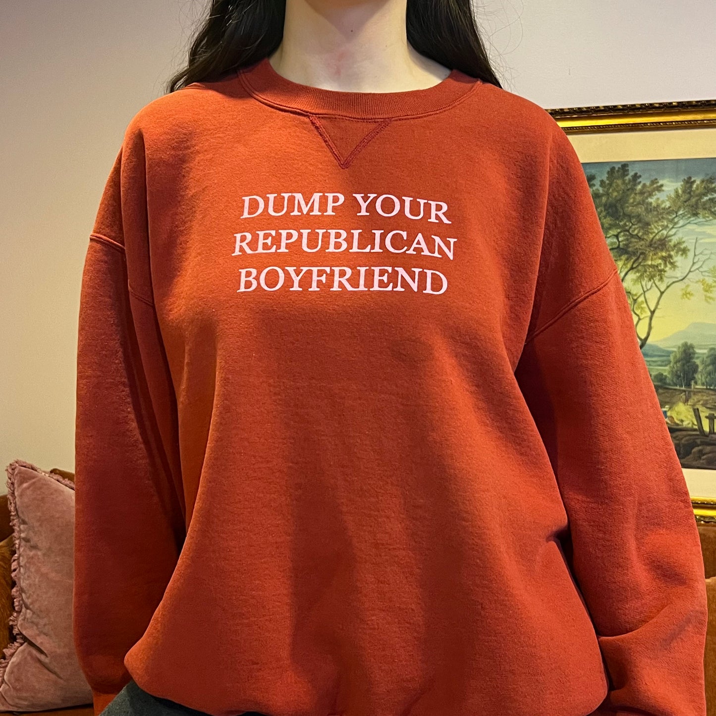 DUMP YOUR REPUBLICAN BOYFRIEND red crewneck with pink text (XL)
