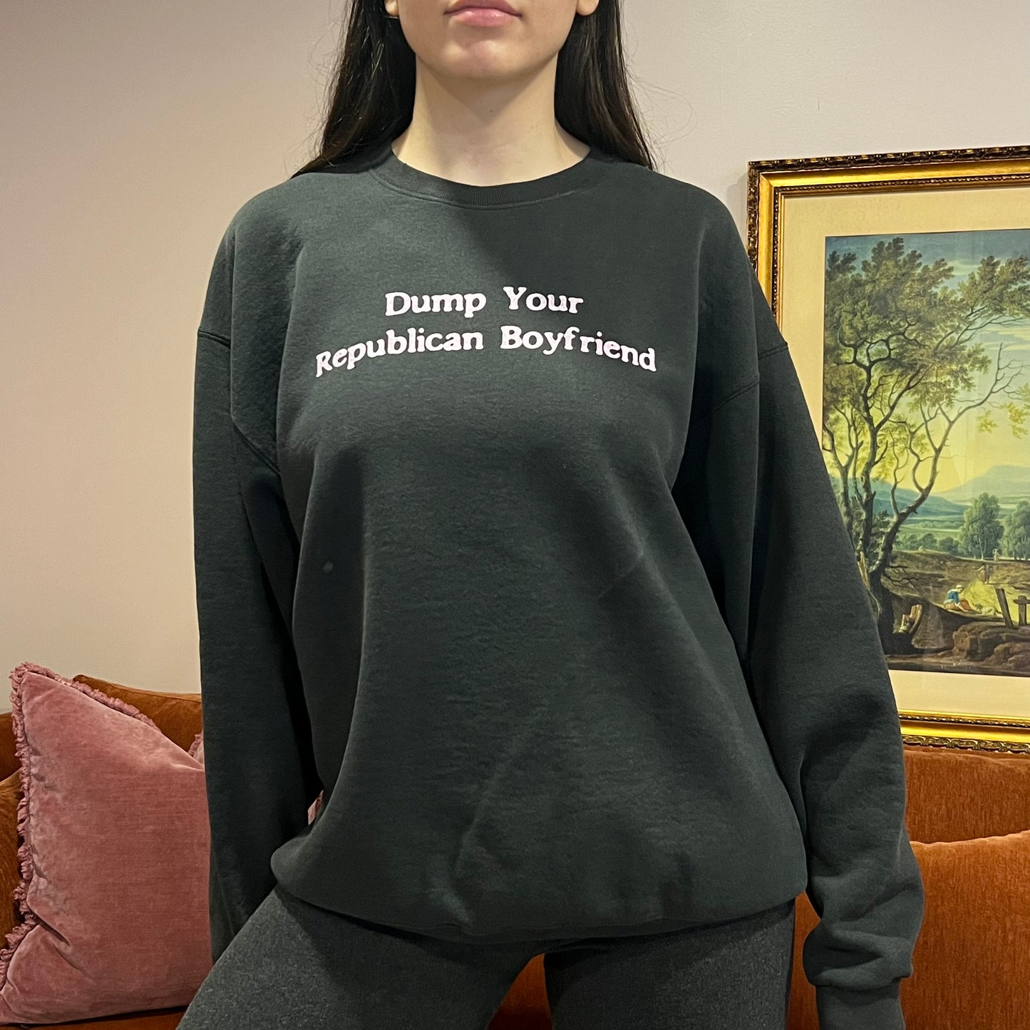 DUMP YOUR REPUBLICAN BOYFRIEND black crewneck with pink text (XL)