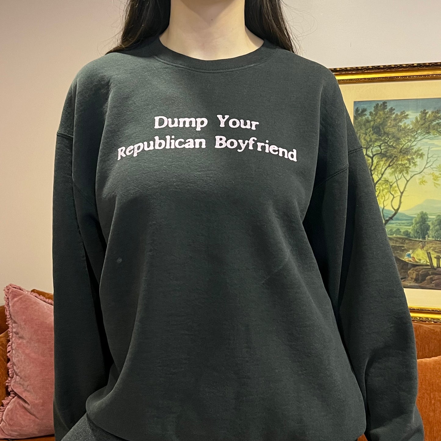 DUMP YOUR REPUBLICAN BOYFRIEND black crewneck with pink text (XL)