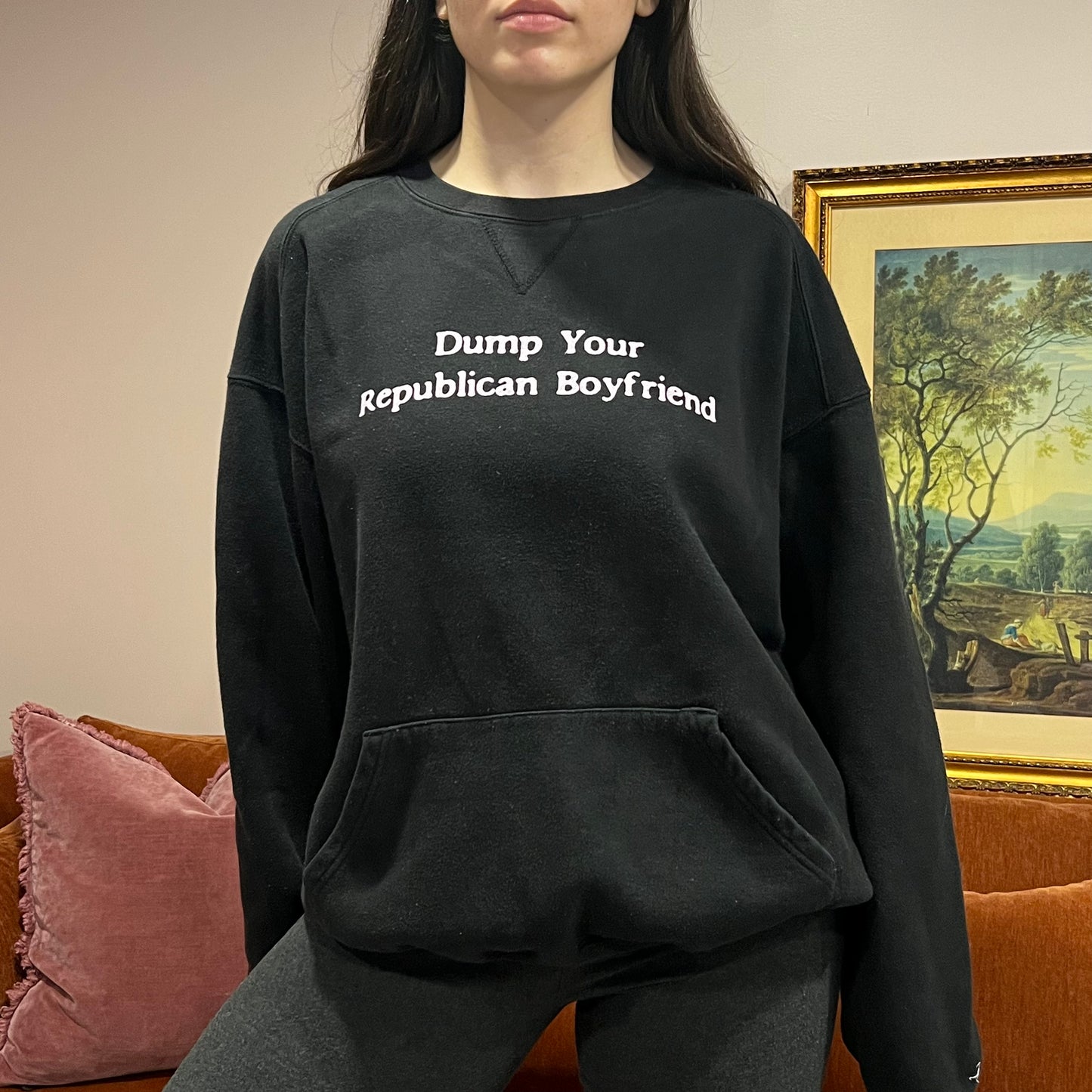 DUMP YOUR REPUBLICAN BOYFRIEND black crewneck with pink text (XL)