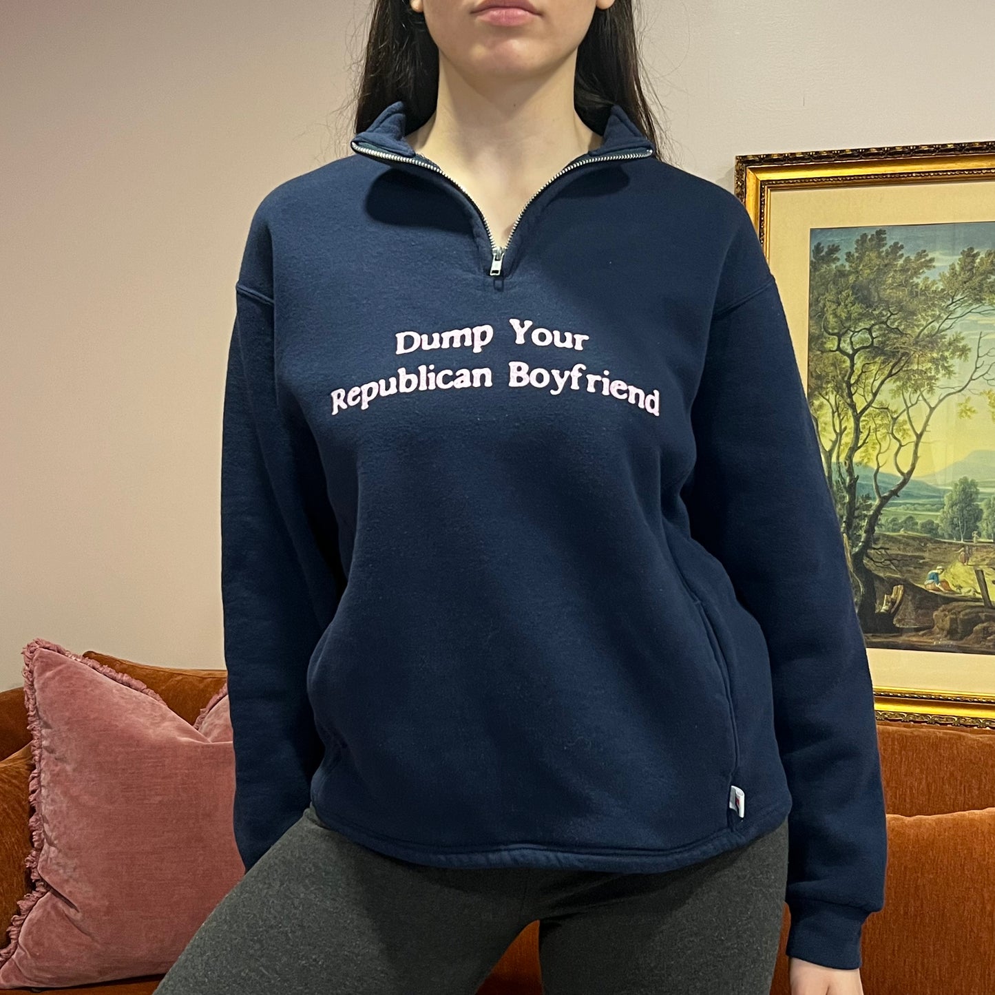 DUMP YOUR REPUBLICAN BOYFRIEND navy zip-up with pink text (M)