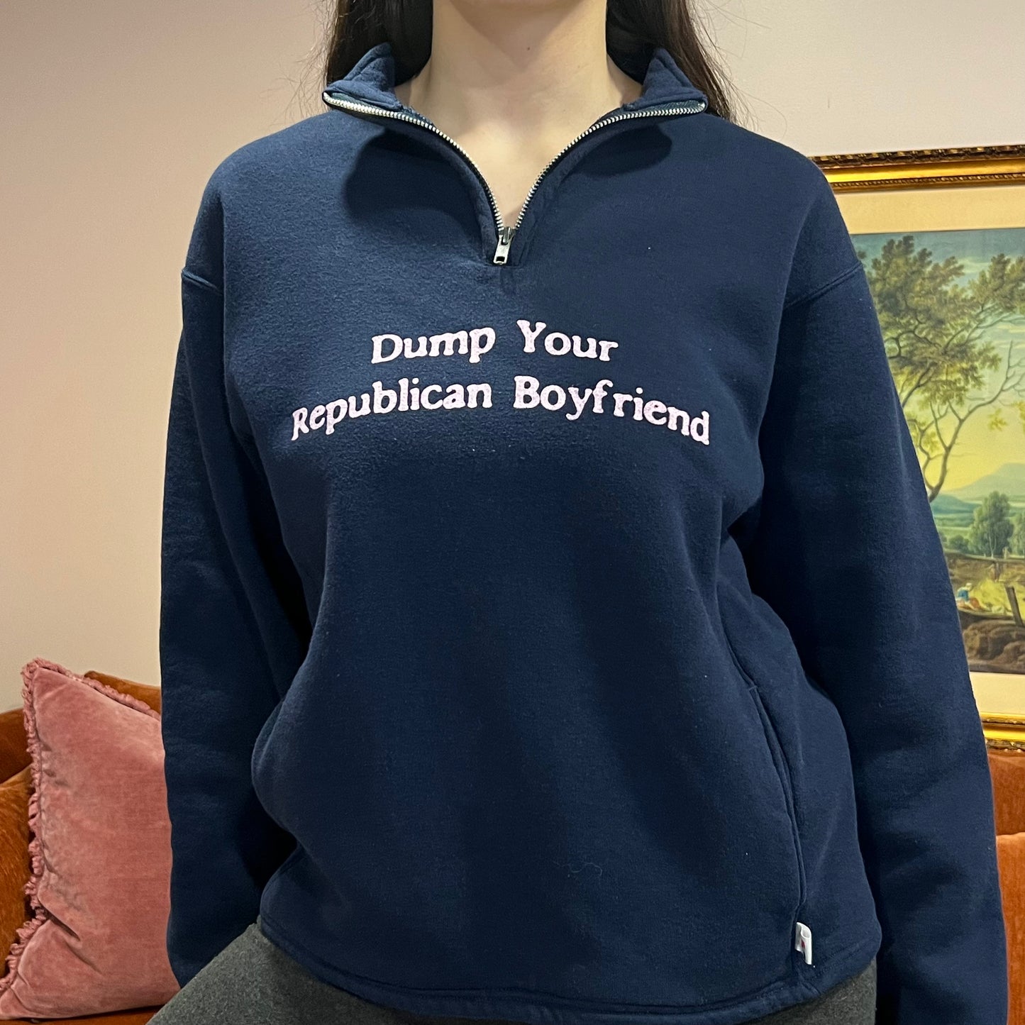 DUMP YOUR REPUBLICAN BOYFRIEND navy zip-up with pink text (M)