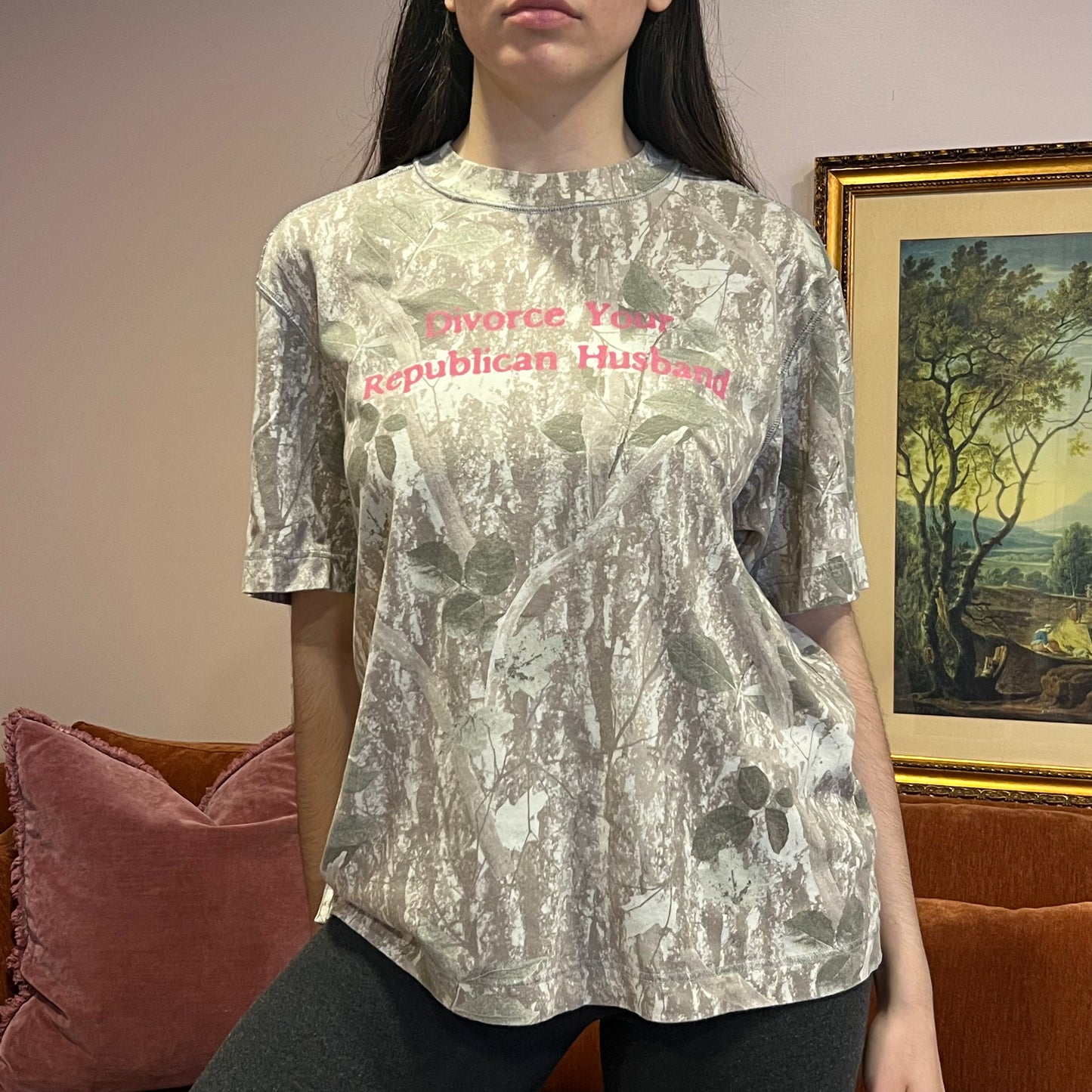 DIVORCE YOUR REPUBLICAN HUSBAND white camo t-shirt with pink text (M)