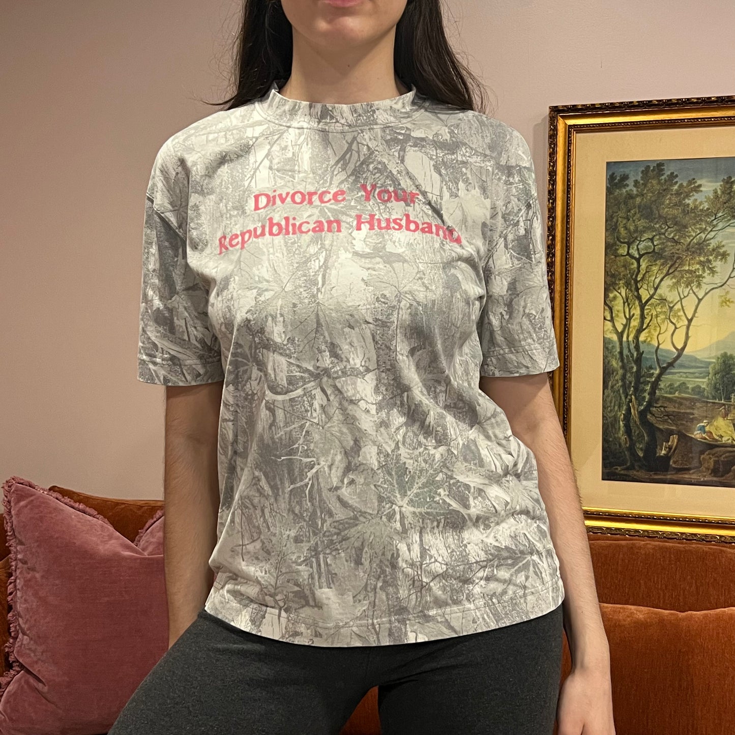 DIVORCE YOUR REPUBLICAN HUSBAND white camo t-shirt with pink text (S)