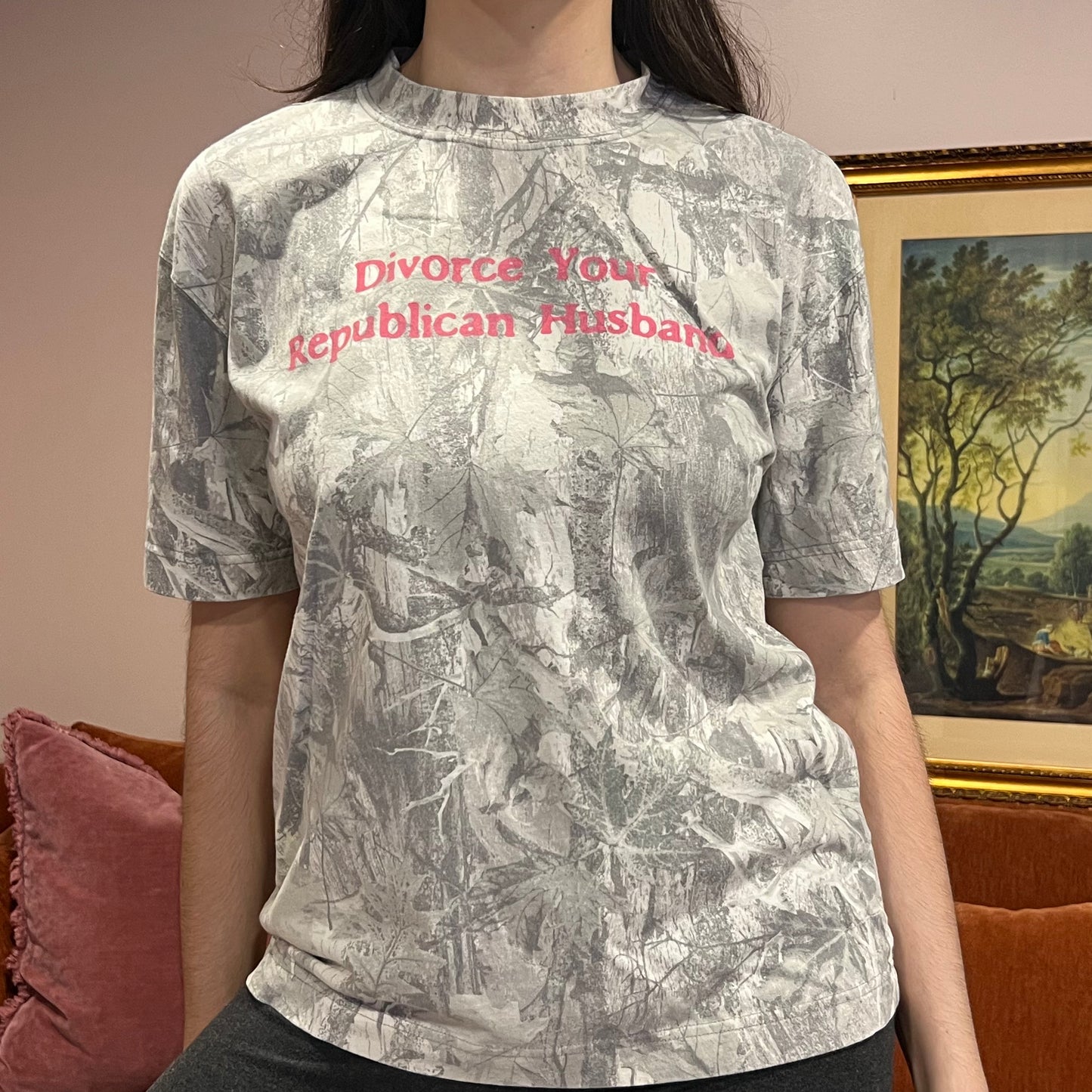 DIVORCE YOUR REPUBLICAN HUSBAND white camo t-shirt with pink text (S)