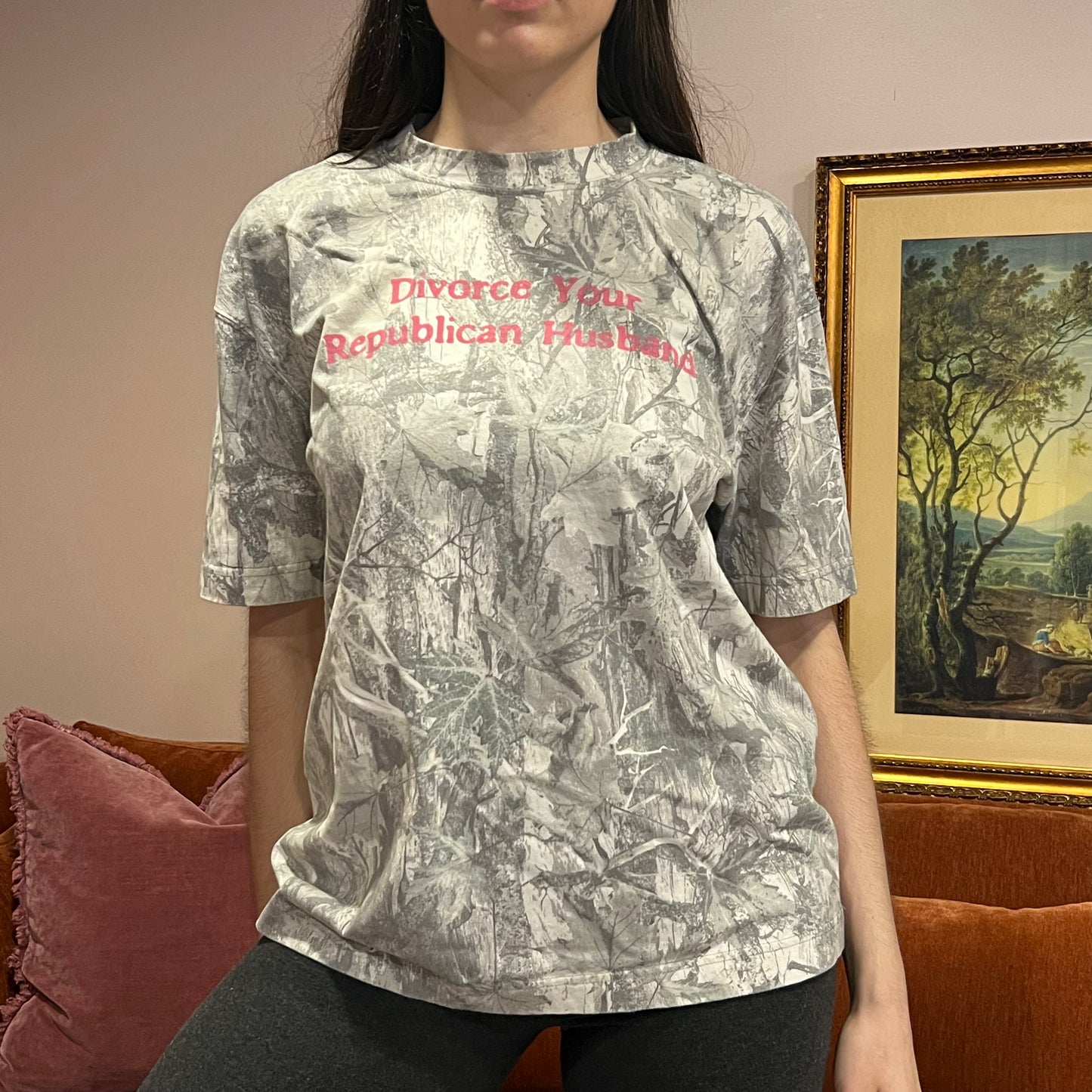 DIVORCE YOUR REPUBLICAN HUSBAND white camo t-shirt with pink text (M)