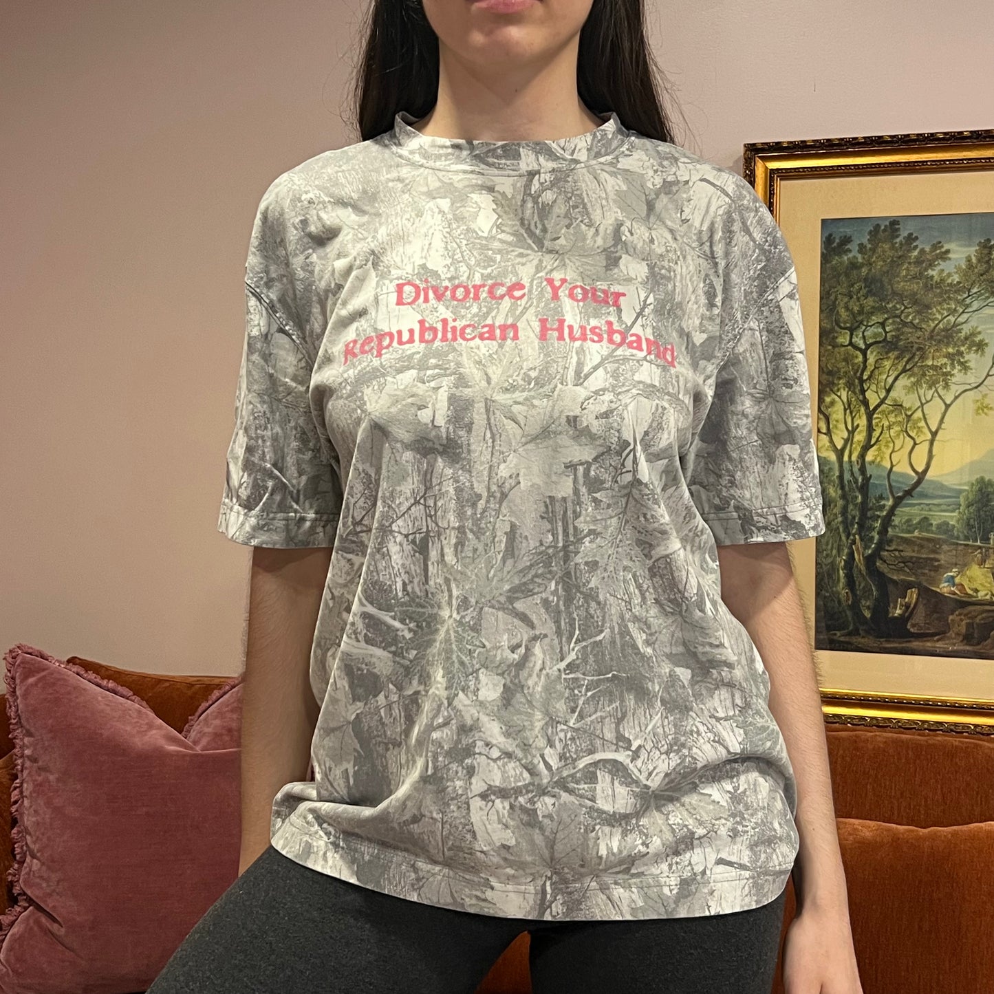 DIVORCE YOUR REPUBLICAN HUSBAND white camo t-shirt with pink text (M)