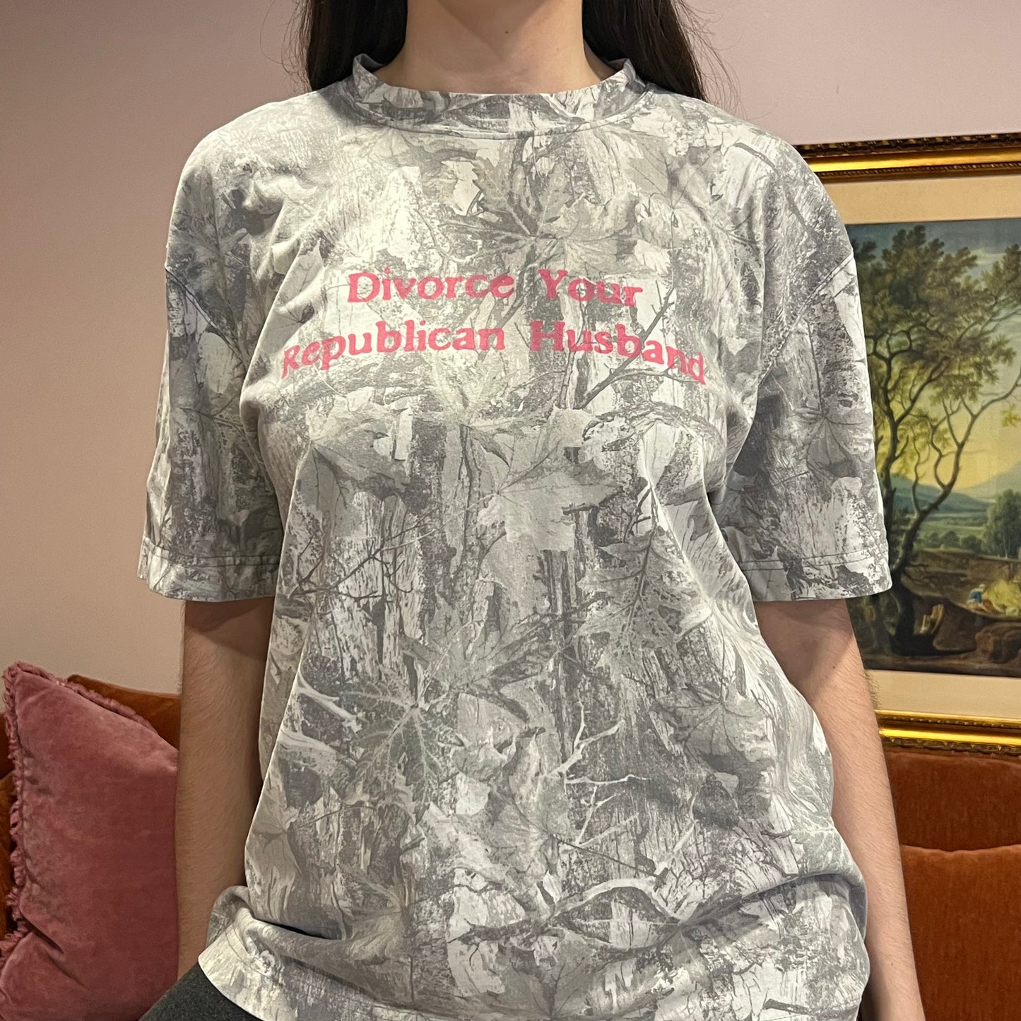 DIVORCE YOUR REPUBLICAN HUSBAND white camo t-shirt with pink text (M)