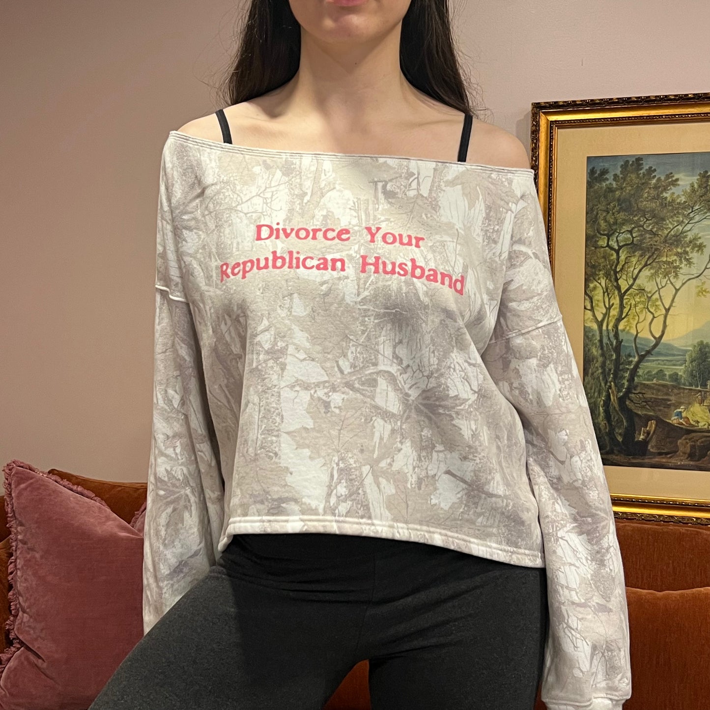 DIVORCE YOUR REPUBLICAN HUSBAND white camo crewneck with pink text (M)