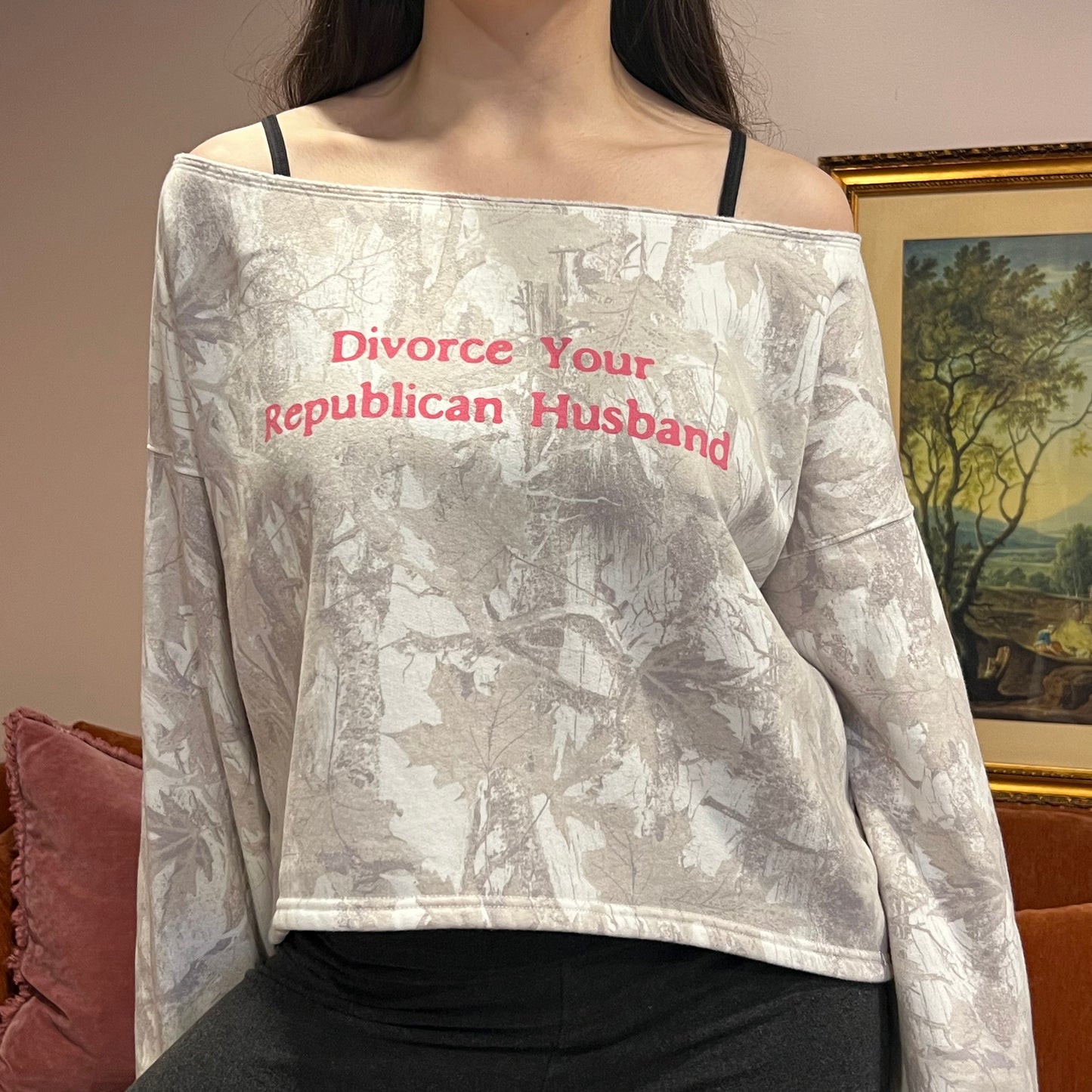 DIVORCE YOUR REPUBLICAN HUSBAND white camo crewneck with pink text (M)