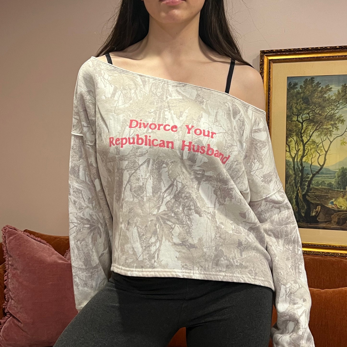 DIVORCE YOUR REPUBLICAN HUSBAND white camo crewneck with pink text (L)