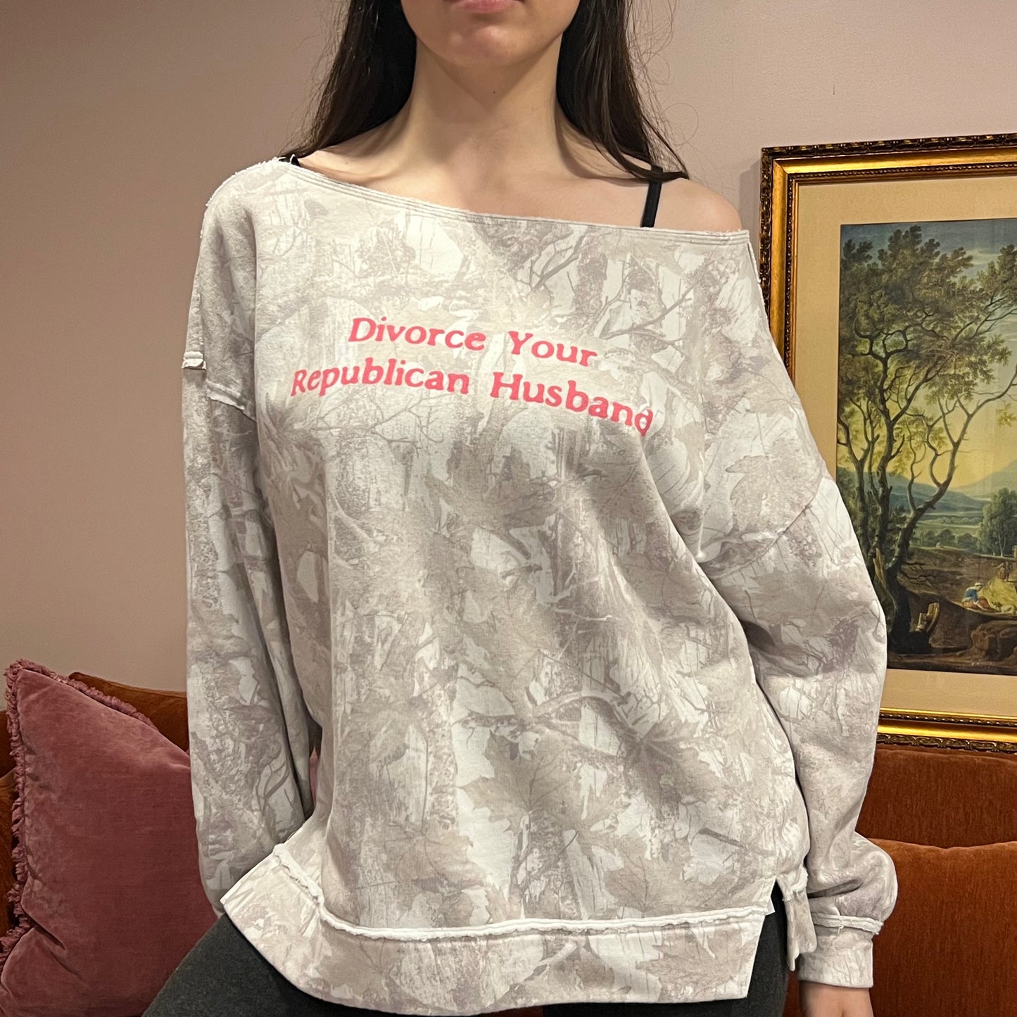 DIVORCE YOUR REPUBLICAN HUSBAND white camo crewneck with pink text (L)